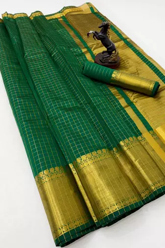 green checkered banarasi silk blend saree