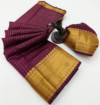 wine checkered banarasi silk blend saree 1