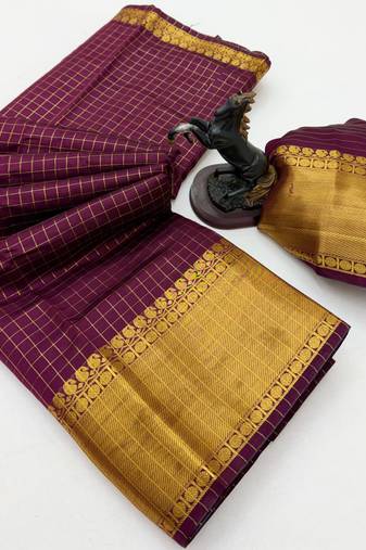 wine checkered banarasi silk blend saree