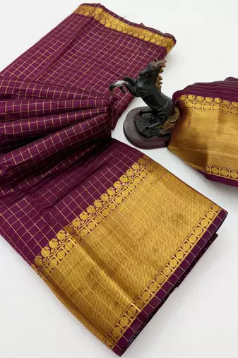 wine checkered banarasi silk blend saree