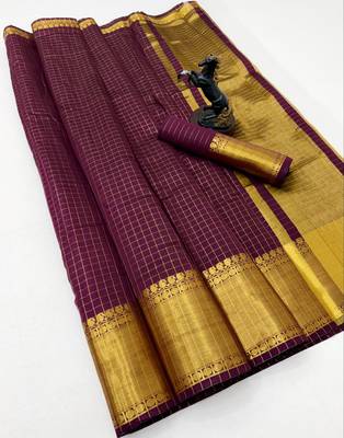 wine checkered banarasi silk blend saree 2