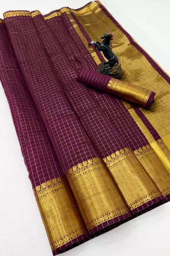 wine checkered banarasi silk blend saree