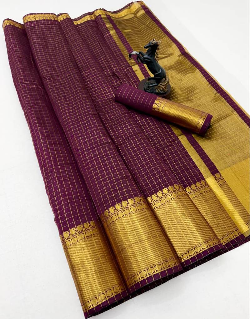 wine checkered banarasi silk blend saree