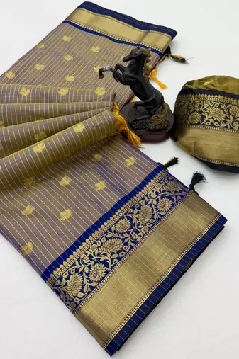 blue checkered banarasi silk blend saree