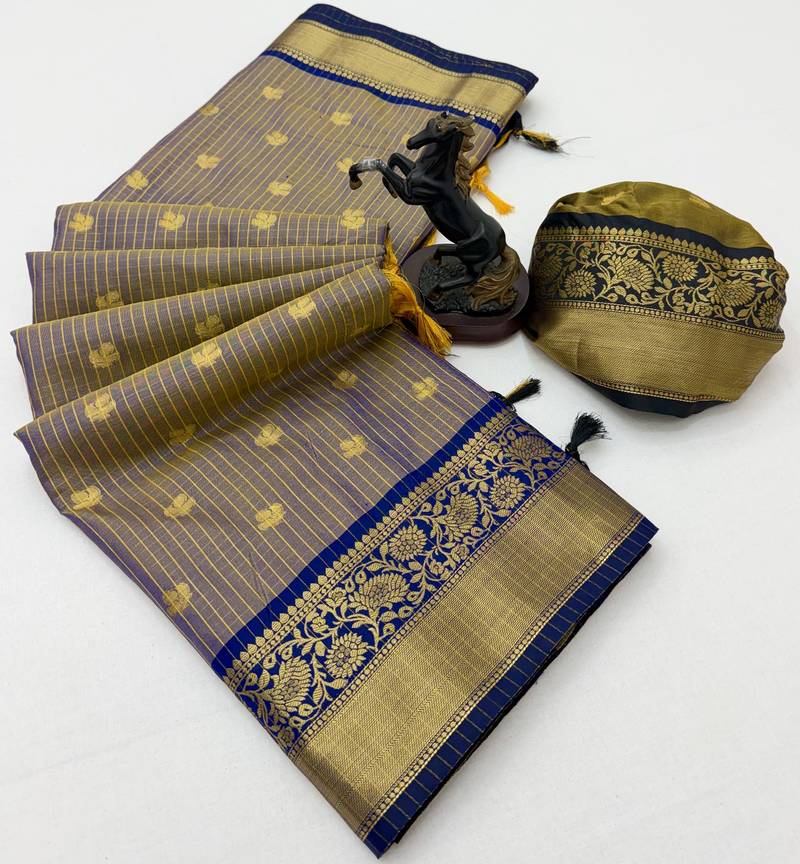 blue checkered banarasi silk blend saree