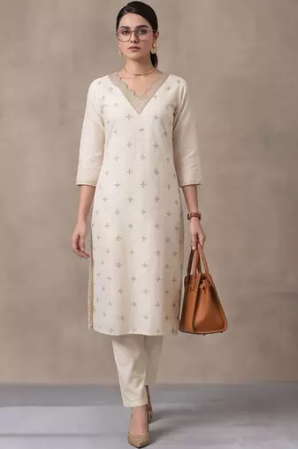 women ethnic motifs embroidered regular thread work kurta set