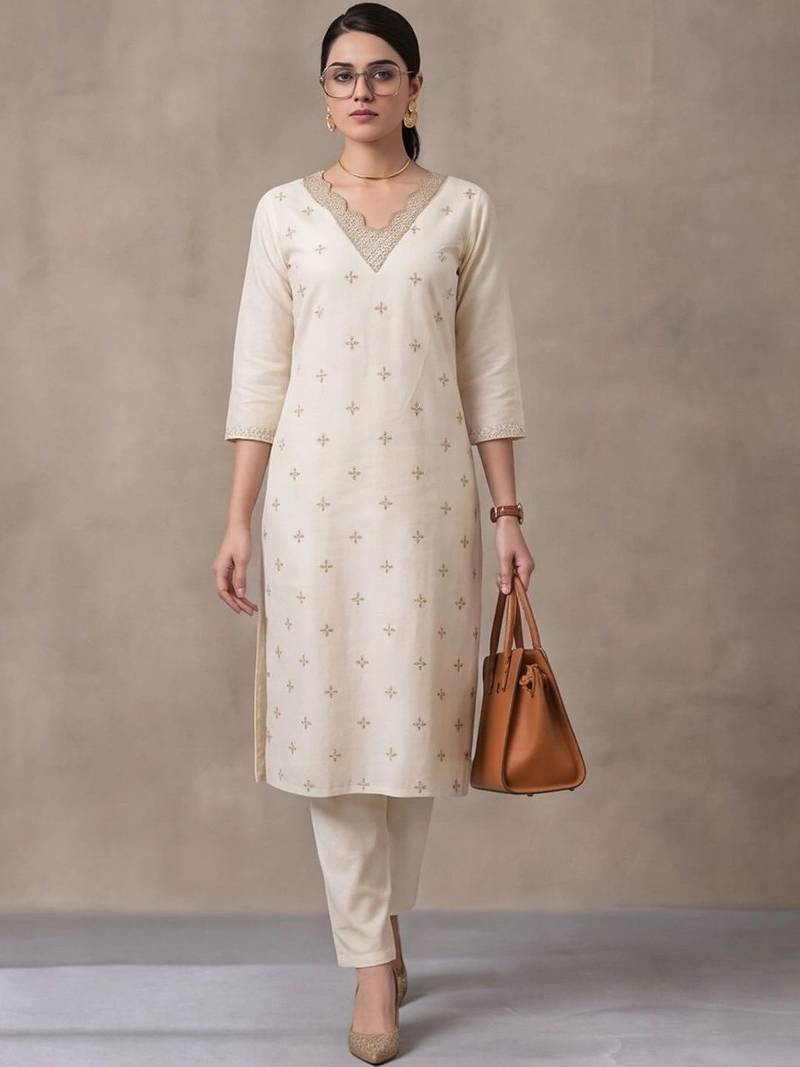 women ethnic motifs embroidered regular thread work kurta set