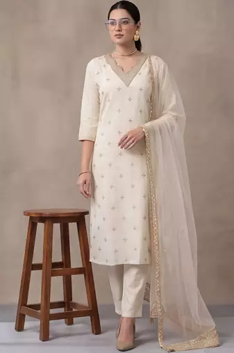 women ethnic motifs embroidered regular thread work kurta set