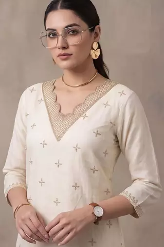 women ethnic motifs embroidered regular thread work kurta set