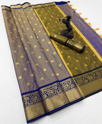 blue checkered banarasi silk blend saree 1