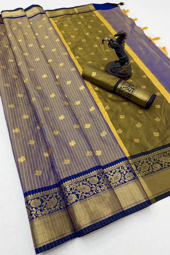 blue checkered banarasi silk blend saree