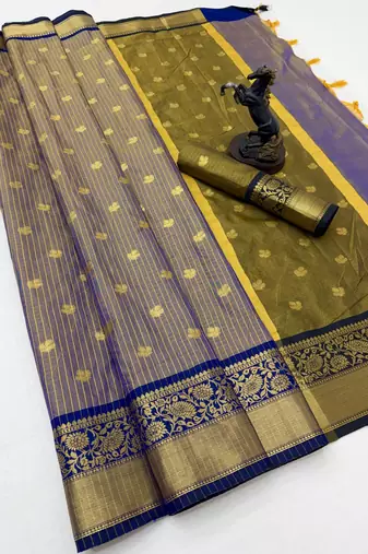 blue checkered banarasi silk blend saree