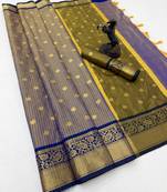 blue checkered banarasi silk blend saree