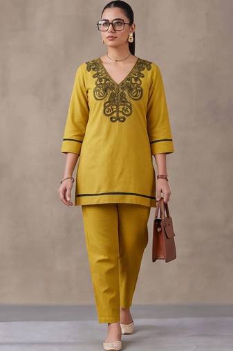 women ethnic motifs regular thread work cotton kurta with trousers