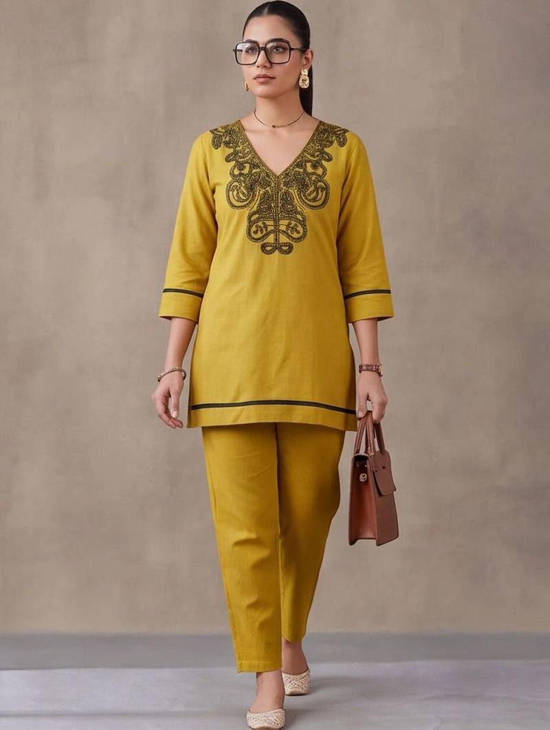 women ethnic motifs regular thread work cotton kurta with trousers