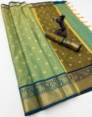 green checkered banarasi silk blend saree 1
