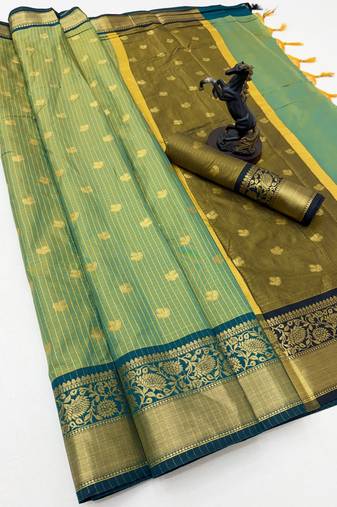 green checkered banarasi silk blend saree