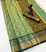 green checkered banarasi silk blend saree