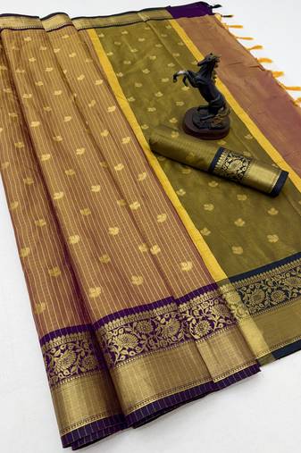 mustard checkered banarasi silk blend saree