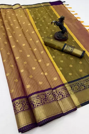 mustard checkered banarasi silk blend saree