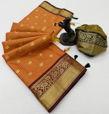 orange checkered banarasi silk blend saree 2