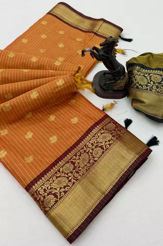 orange checkered banarasi silk blend saree