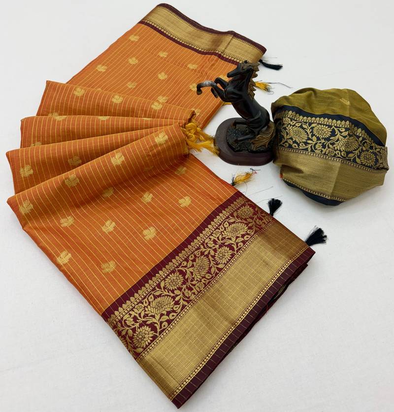 orange checkered banarasi silk blend saree