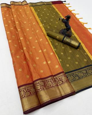 orange checkered banarasi silk blend saree 1