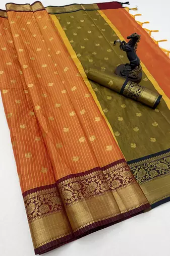 orange checkered banarasi silk blend saree