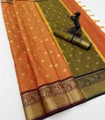 orange checkered banarasi silk blend saree