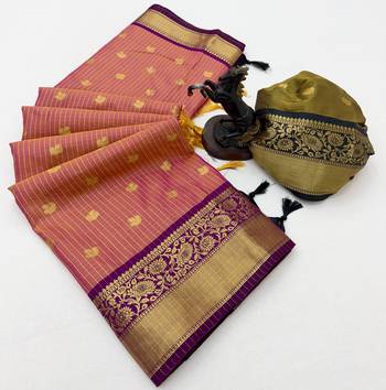 pink checkered banarasi silk blend saree 2