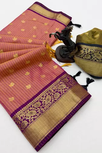 pink checkered banarasi silk blend saree