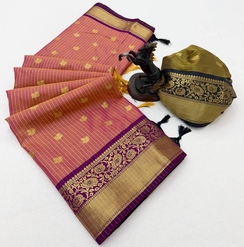 pink checkered banarasi silk blend saree