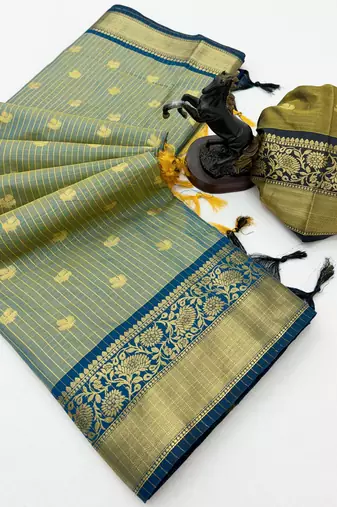 sea green checkered banarasi silk blend saree