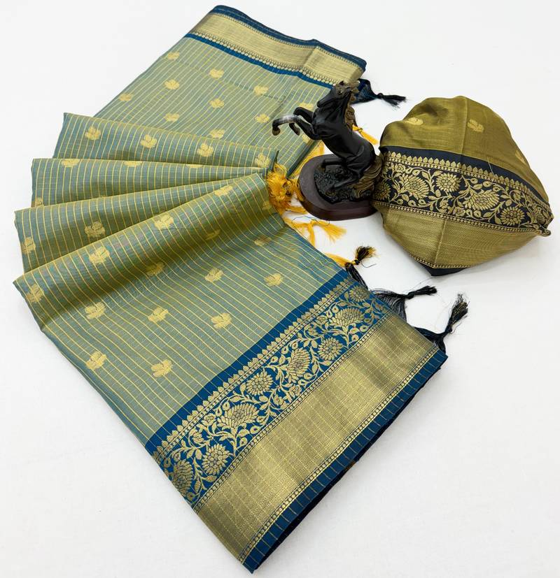 sea green checkered banarasi silk blend saree
