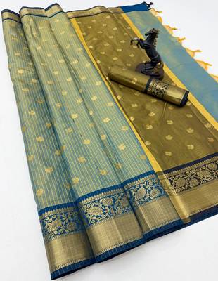 sea green checkered banarasi silk blend saree 1