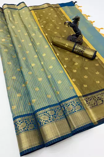 sea green checkered banarasi silk blend saree