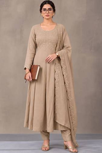 women ethnic embroidered empire thread work kurta with trousers with dupatta