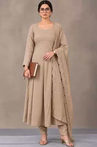 women ethnic embroidered empire thread work kurta with trousers with dupatta