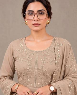 women ethnic embroidered empire thread work kurta with trousers with dupatta 5