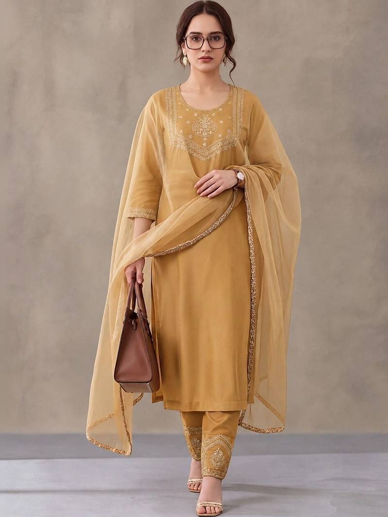 women ethnic motifs embroidered regular thread work kurta with trousers & dupatta