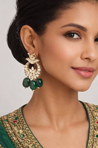 Gold plated green kundan earrings