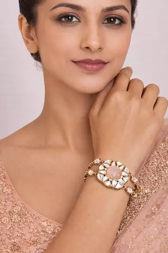 Gold plated pink kundan bracelet