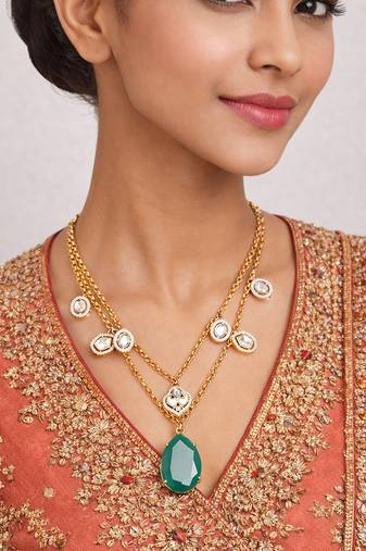 Gold plated green kundan layered necklace