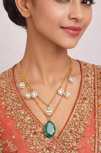 Gold plated green kundan layered necklace