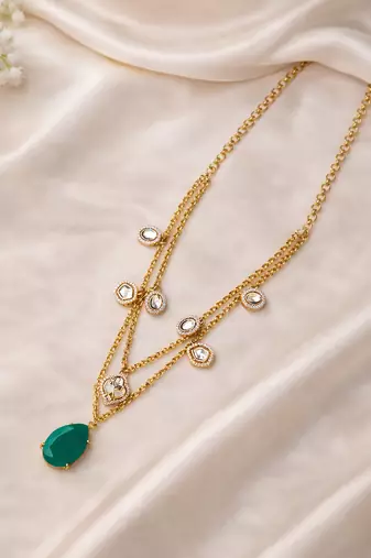 Gold plated green kundan layered necklace