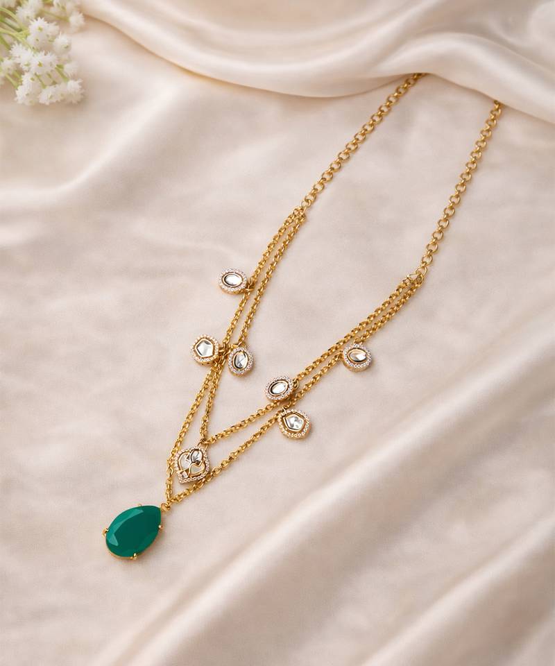 Gold plated green kundan layered necklace