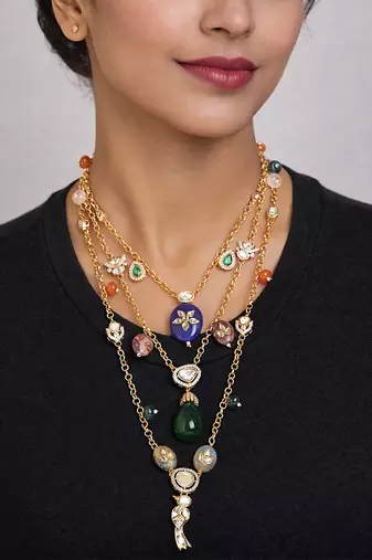 Gold plated multicolor kundan layered necklace