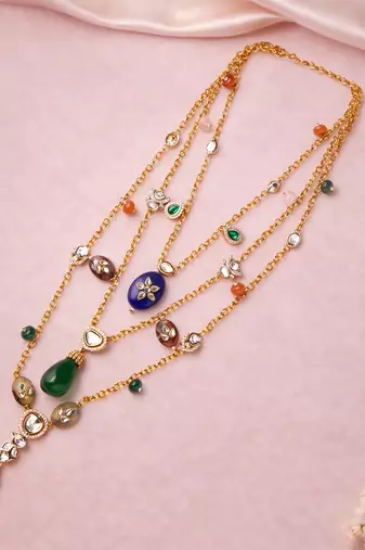 Gold plated multicolor kundan layered necklace