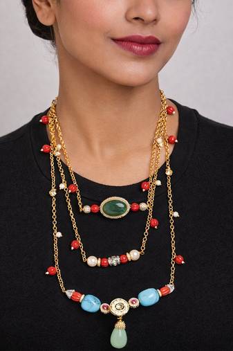 Gold plated multicolor kundan layered necklace
